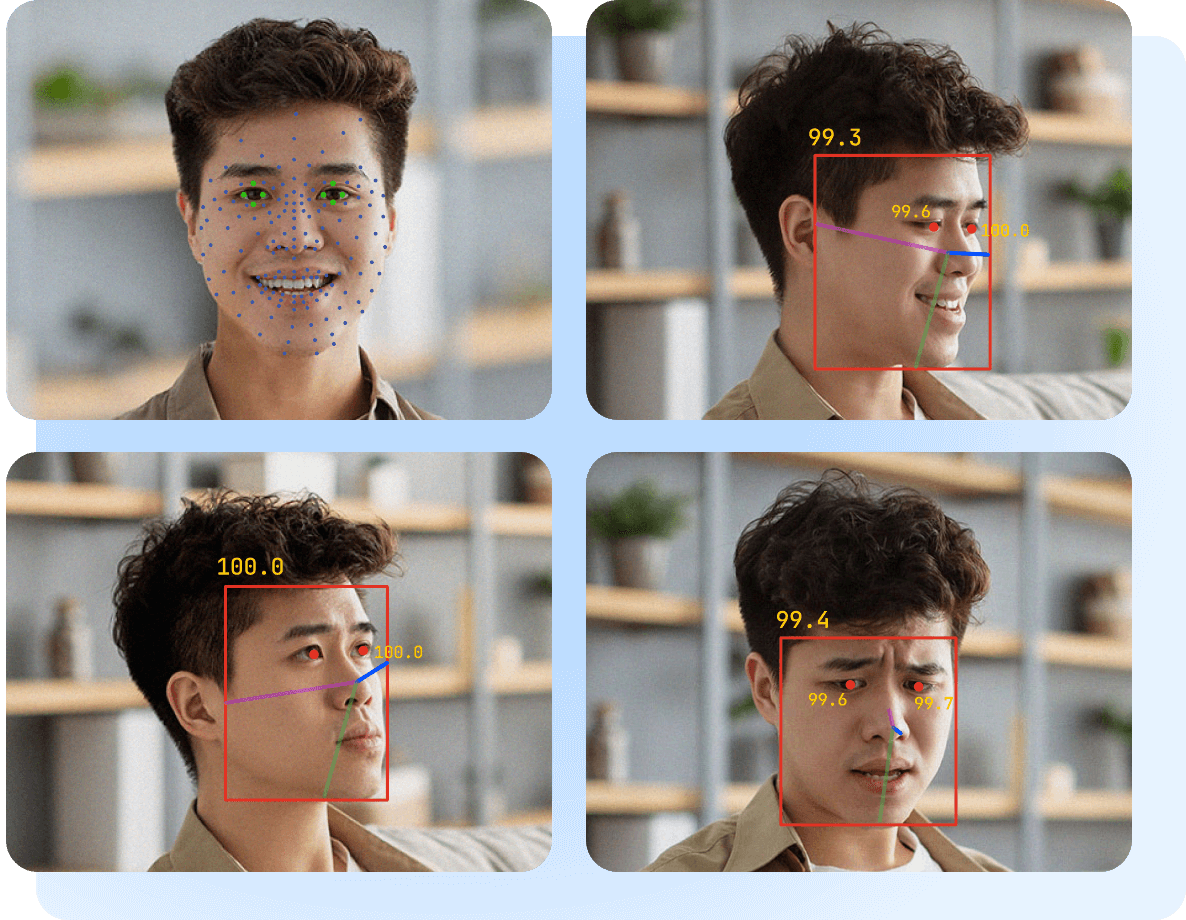 AI 감독이 이루어지는 예시. 다양한 각도의 사람 얼굴 사진들과 시선을 감지하는 선들이 그려져있음.