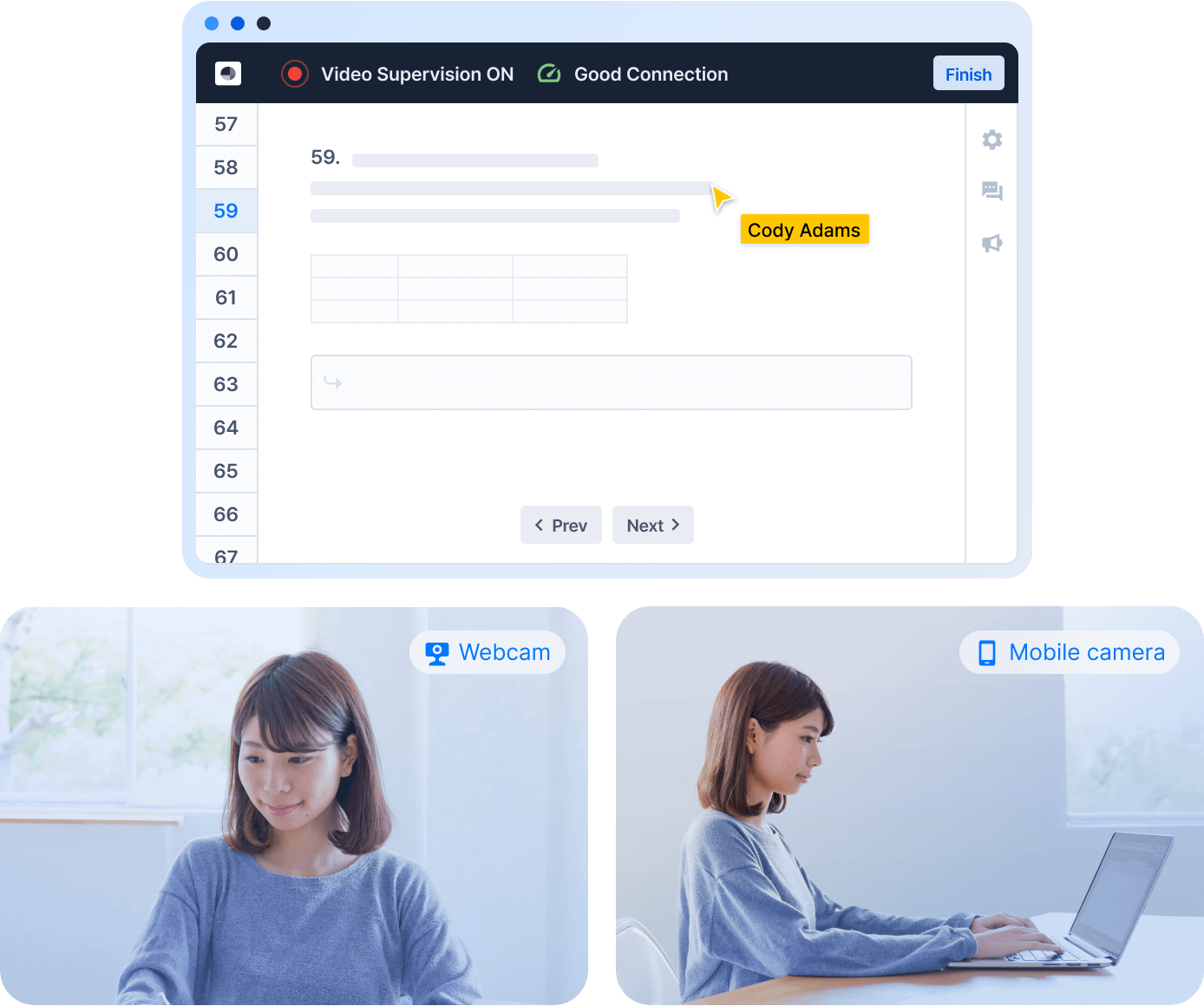 모니터 화면, 웹캠 화면, 모바일 카메라 화면을 동시에 감독하는 화면